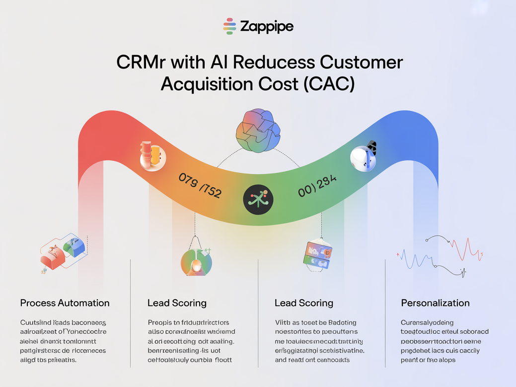 Infográfico explicando como um CRM com IA pode ajudar a reduzir o Custo de Aquisição de Cliente (CAC) através da automação e otimização de processos de marketing.