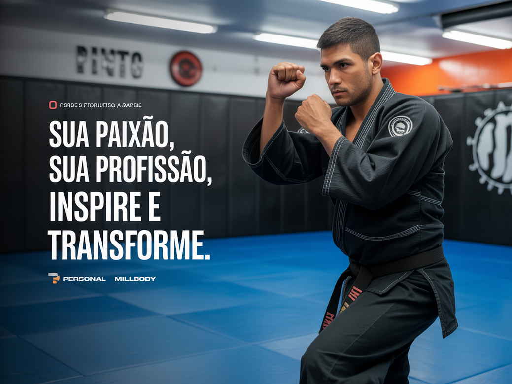 Professor de artes marciais em posição de combate com texto sobre frases de motivação para artes marciais.