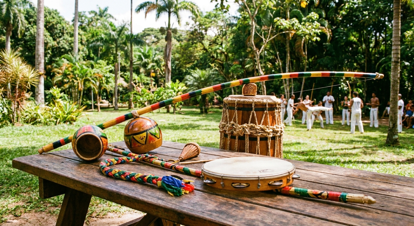 Instrumentos tradicionais da Capoeira: berimbau, atabaque e pandeiro