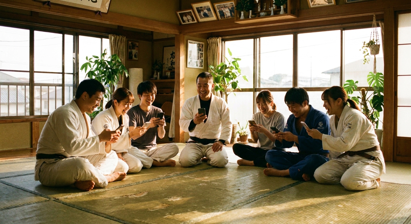Instrutor sorrindo com alunos de artes marciais após o treino, todos com celular