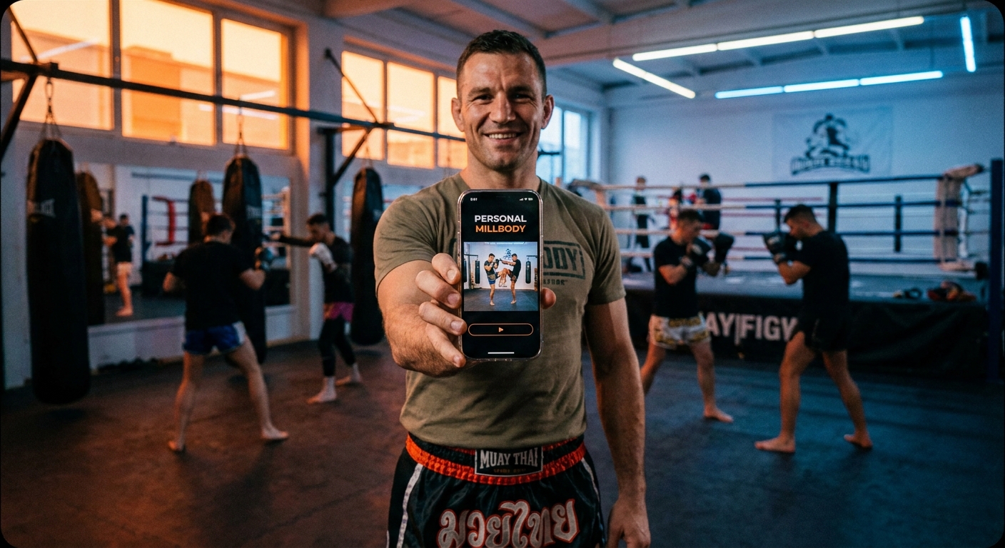 Instrutor de artes marciais usando aplicativo próprio Personal Millbody com vídeo de técnica de muay thai