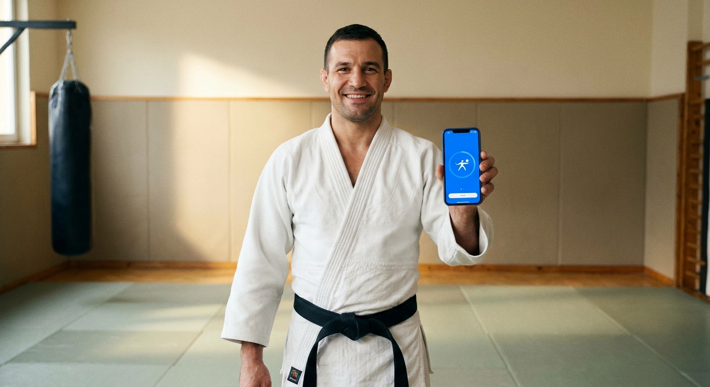Instrutor de artes marciais segurando celular com app Personal Millbody no tatame