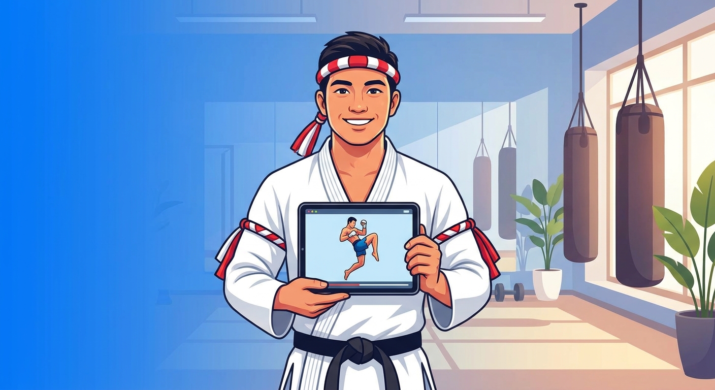 Instrutor de artes marciais usando app Millbody para exibir vídeo de técnica para alunos