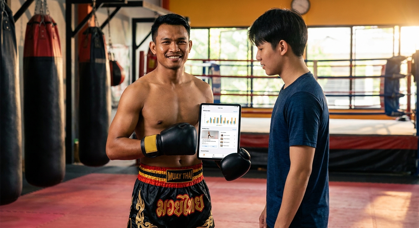 Instrutor de artes marciais usando o app Personal Millbody para mostrar plano de evolução