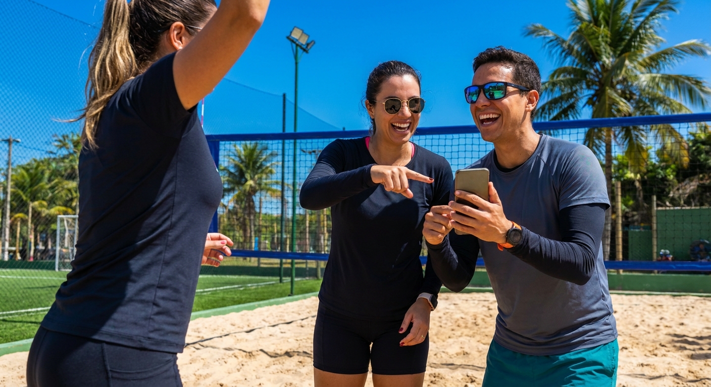 App para personal trainer Personal Millbody no beach tennis Instrutor funcional de beach tennis usando app para personal trainer no smartphone enquanto orienta aluno na quadra