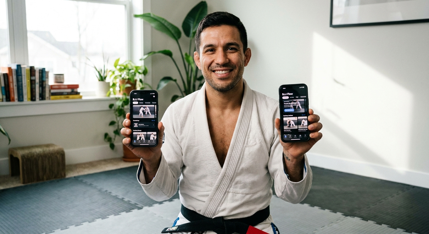 Instrutor de Jiu-Jitsu usando aplicativo para personal trainer BJJ no celular em tatame caseiro