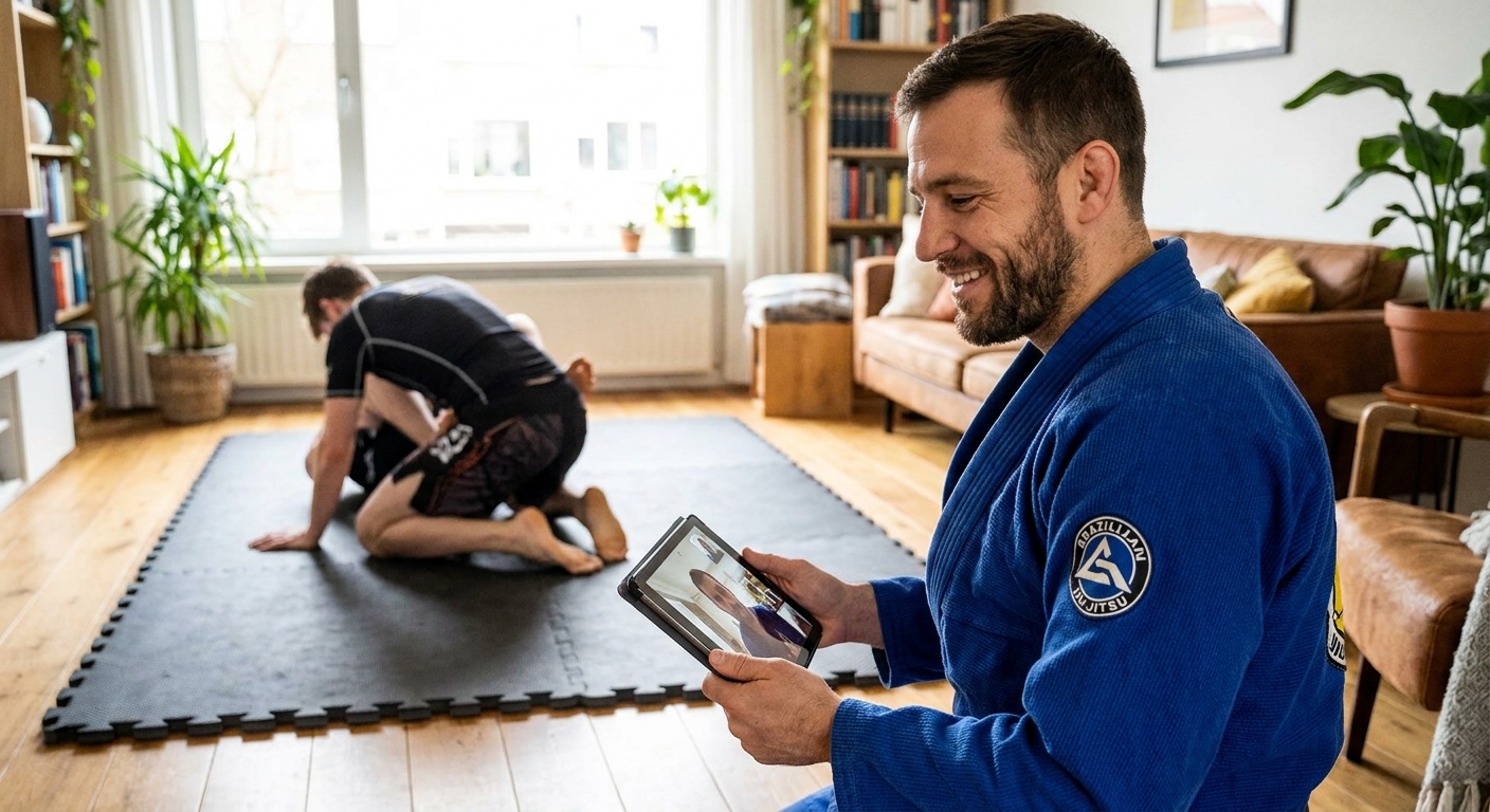Instrutor de Jiu-Jitsu utilizando a plataforma Millbody Instrutor de Jiu-Jitsu usando plataforma Millbody para acompanhar aluno em treino em casa