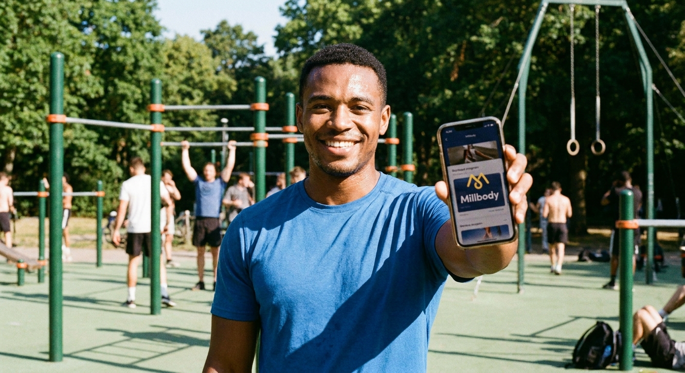 Instrutor de calistenia segurando celular com app Millbody em parque ensolarado
