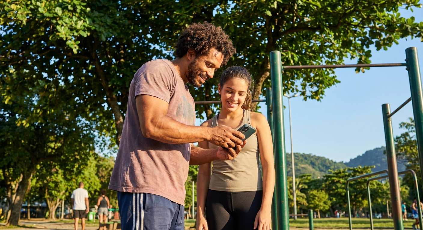Instrutor de calistenia explicando exercício para aluno enquanto ambos olham para o celular com app Personal Millbody