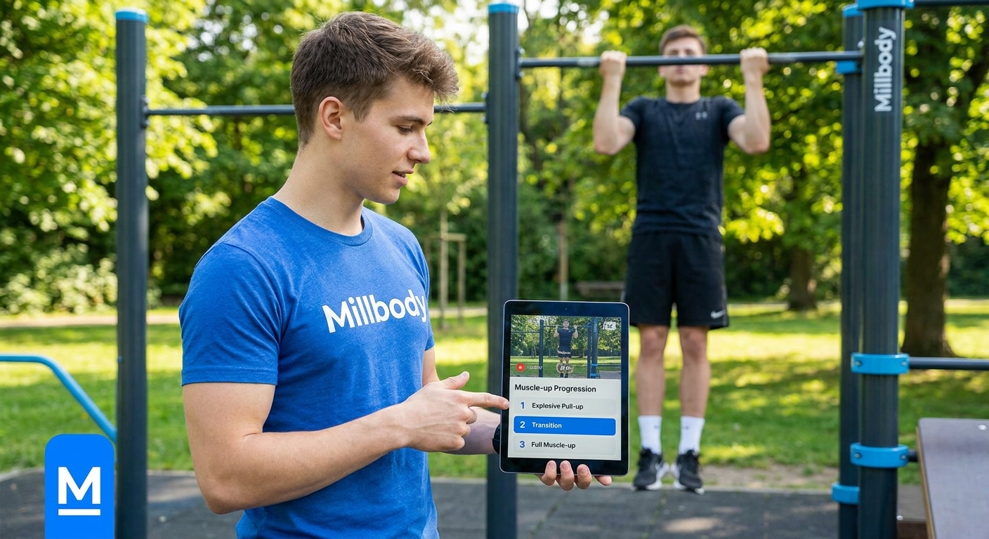 Instrutor de calistenia usando o Personal Millbody para registrar evolução em vídeo e acompanhar níveis de progressão