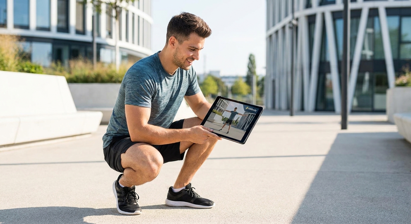 Instrutor de calistenia usando tecnologia e app para personal trainer para analisar vídeo de aluno ao ar livre
