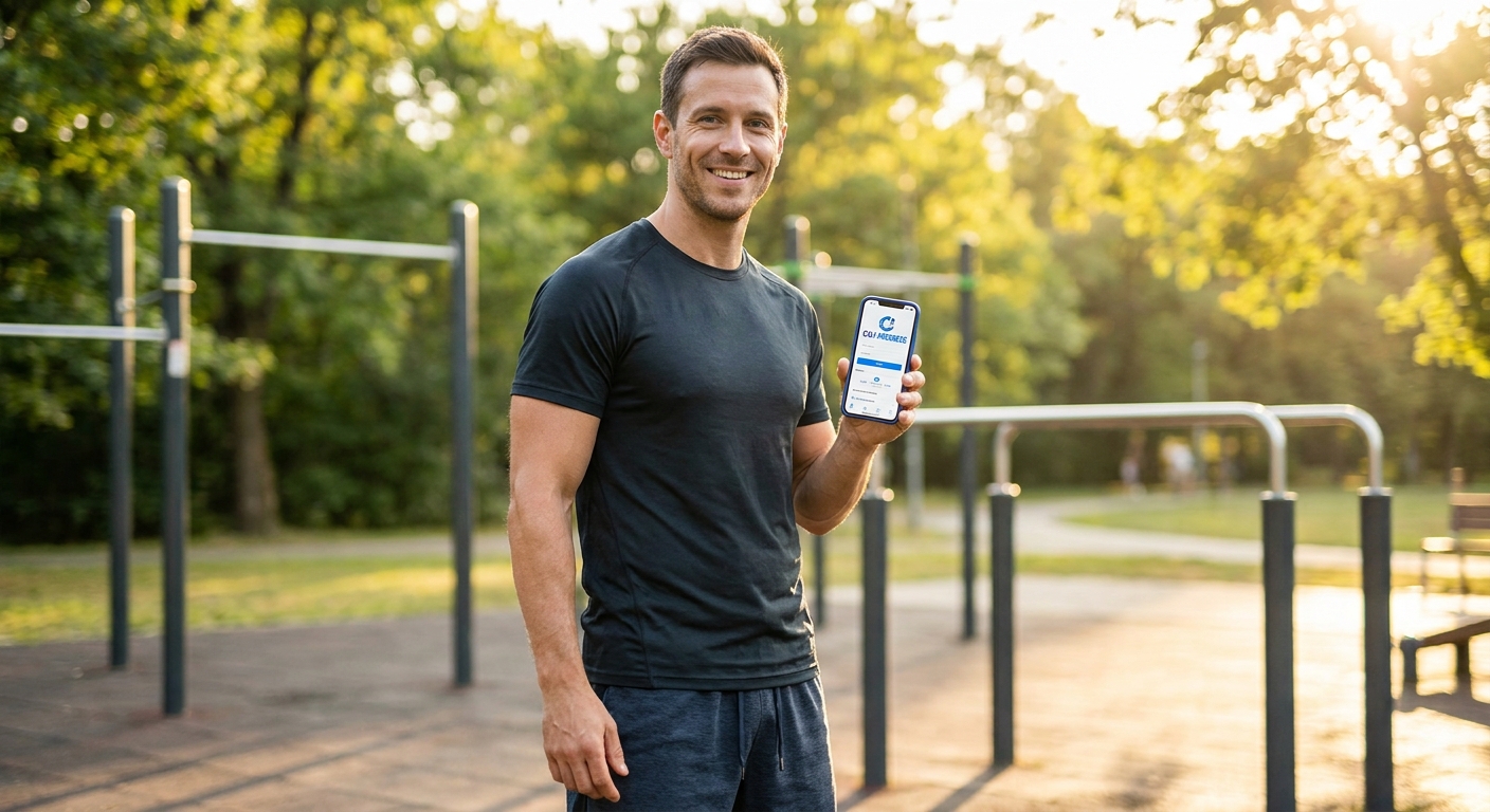 Instrutor de calistenia sorrindo segurando smartphone com aplicativo Personal Millbody em parque ensolarado