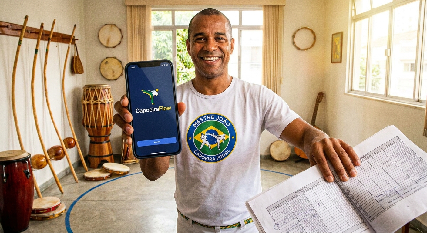 Instrutor de capoeira usando app Personal Millbody para treinos em casa