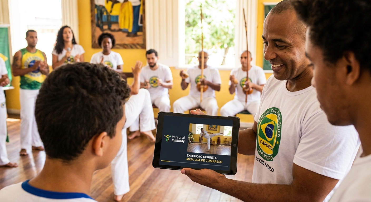 Instrutor de Capoeira usando o Personal Millbody para ensinar movimento com vídeo de correção