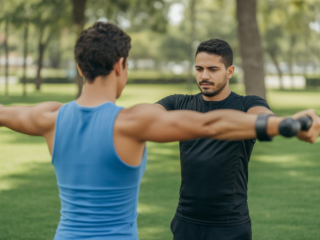 Instrutor funcional orientando aluno em exercício de desenvolvimento de ombro com elástico, demonstrando uma alternativa à máquina para desenvolvimento de ombro em 2026.