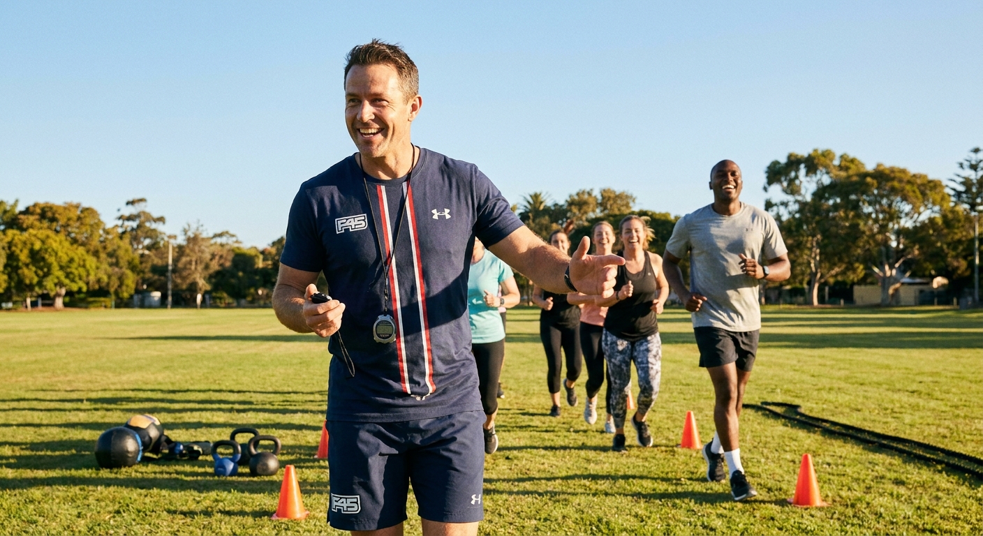 Personal trainer de corrida de rua em ação Instrutor funcional liderando grupo de corrida de rua ao ar livre em parque ensolarado