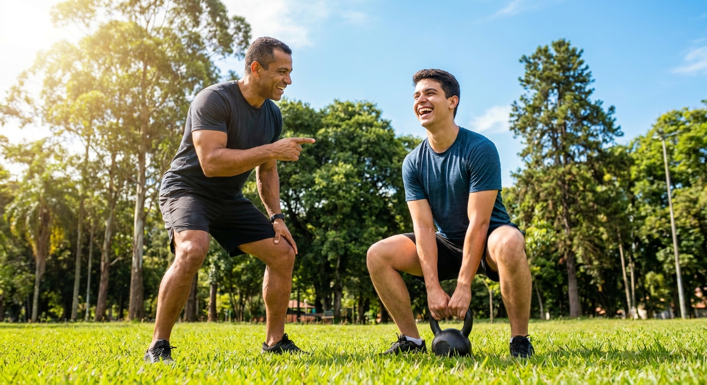 Instrutor funcional de bairro dando aula ao ar livre em parque com aluno sorrindo