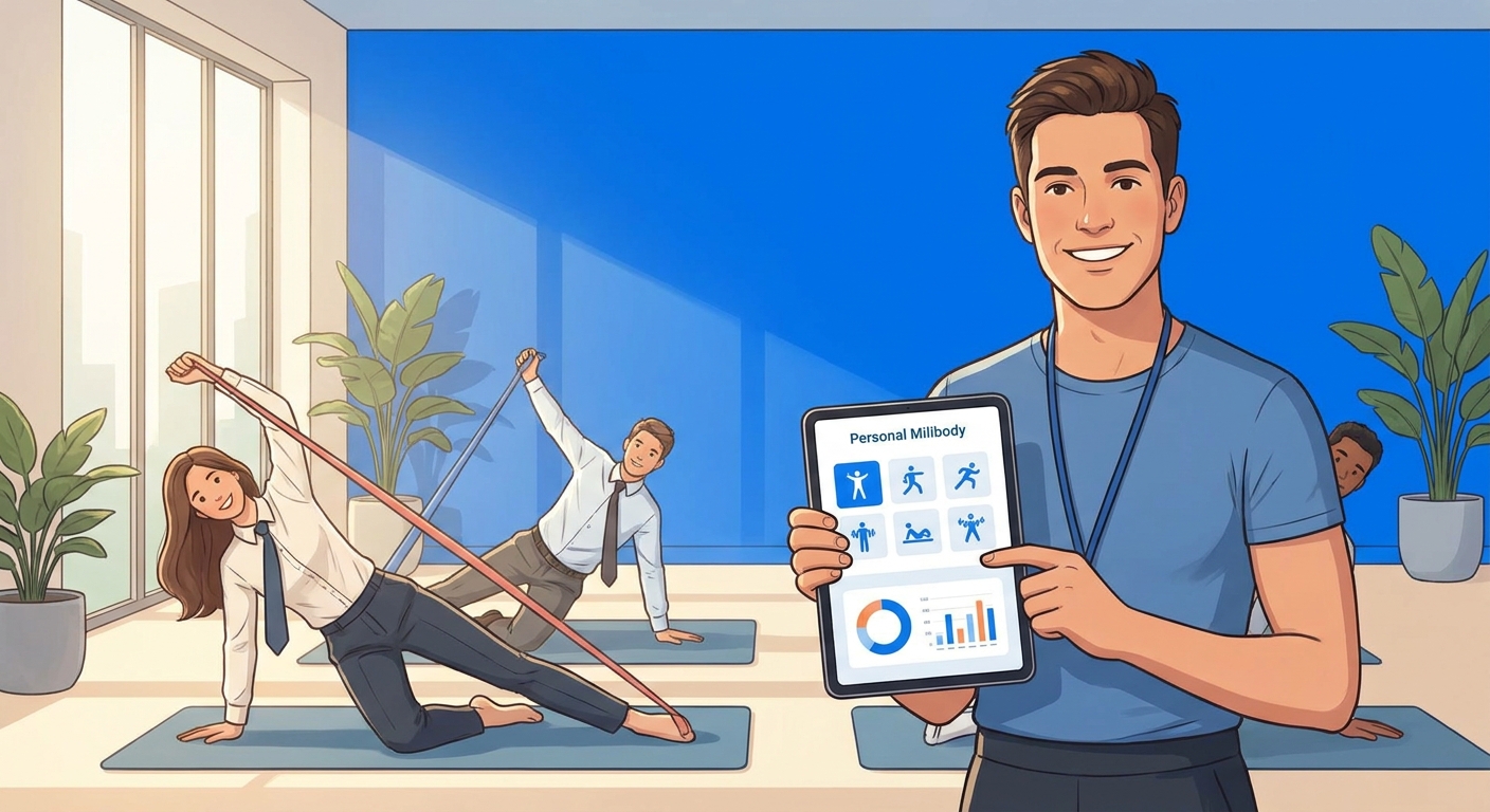 Personal Millbody vs MFit: tecnologia que valoriza seu trabalho Instrutor de ginástica laboral usando o app Personal Millbody, a melhor alternativa ao MFit
