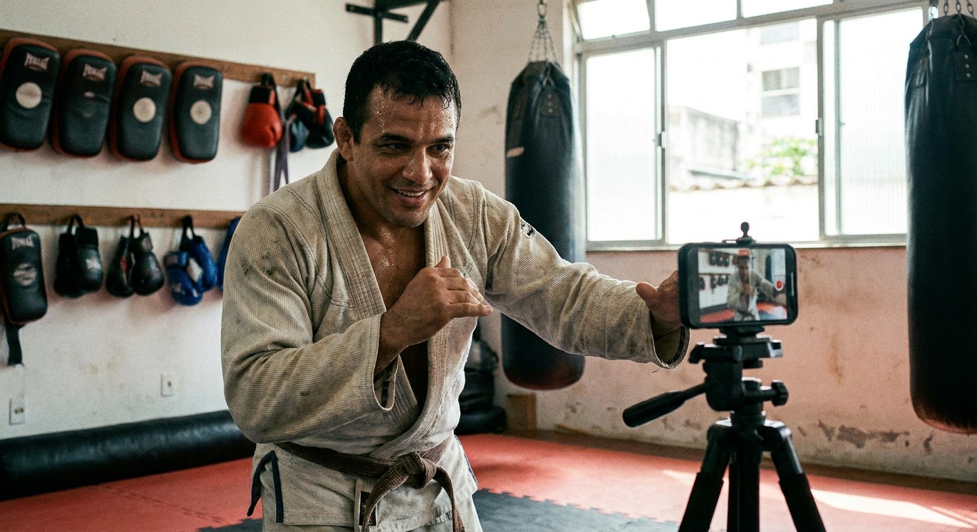 Instrutor de artes marciais gravando vídeo de técnica com smartphone em tatame