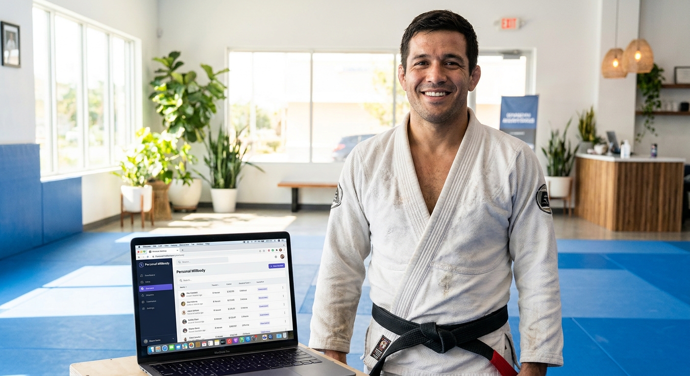 Instrutor de Jiu-Jitsu faixa-preta usando aplicativo de gestão Personal Millbody na academia