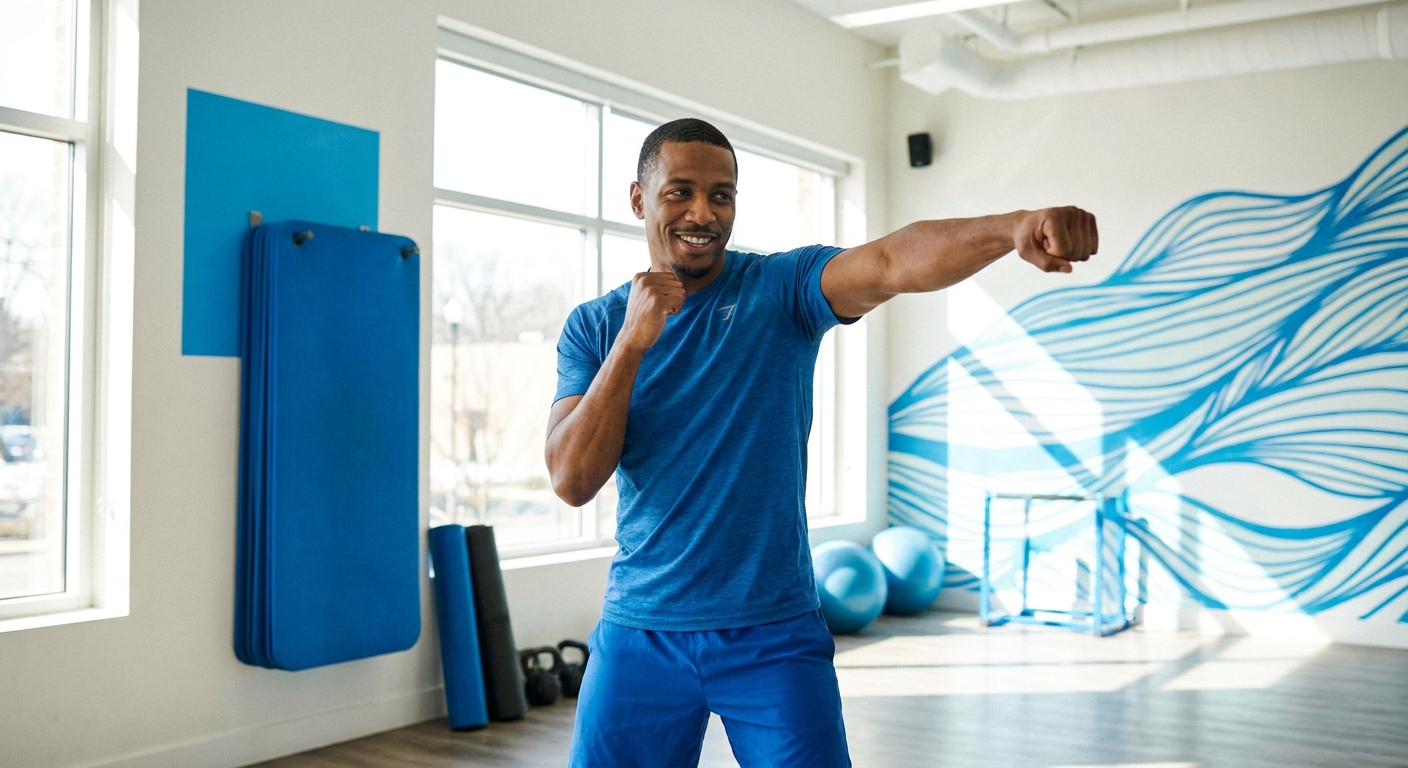 Instrutor de meditação em movimento boxe ensinando aula com foco e equilíbrio, marketing digital para personal trainer