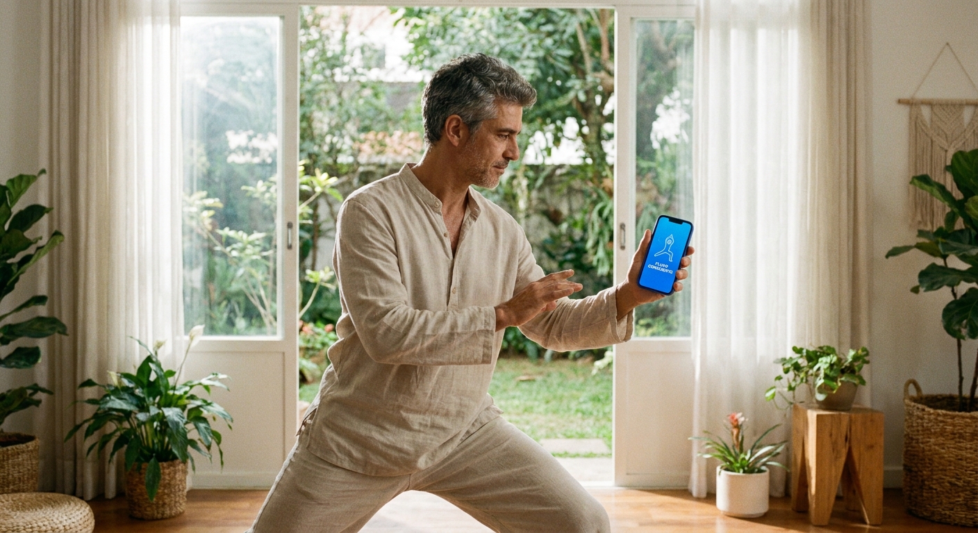 Instrutor de meditação em movimento usando aplicativo para personal trainer