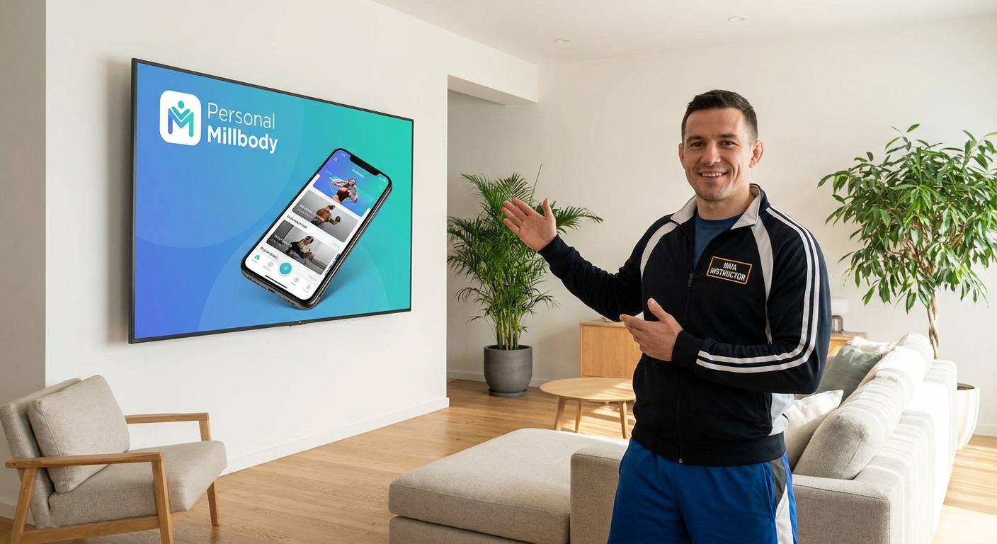 Instrutor de MMA usando app para TV Personal Millbody