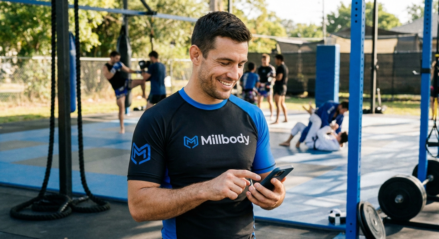 Instrutor de MMA usando aplicativo Millbody no celular com alunos ao fundo — personal trainer millbody