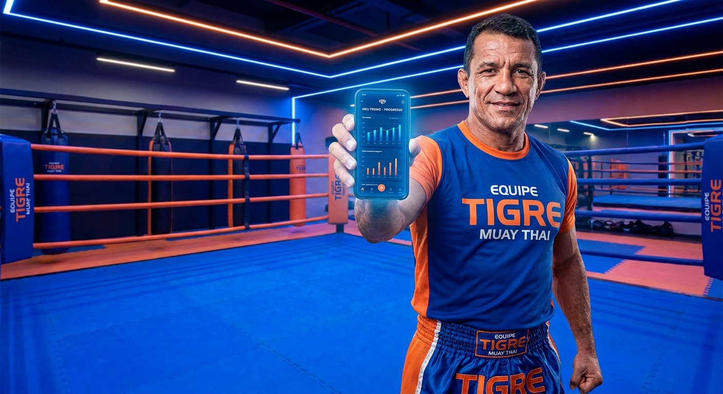 Instrutor de muay thai segurando smartphone com app Personal Millbody em ringue de artes marciais
