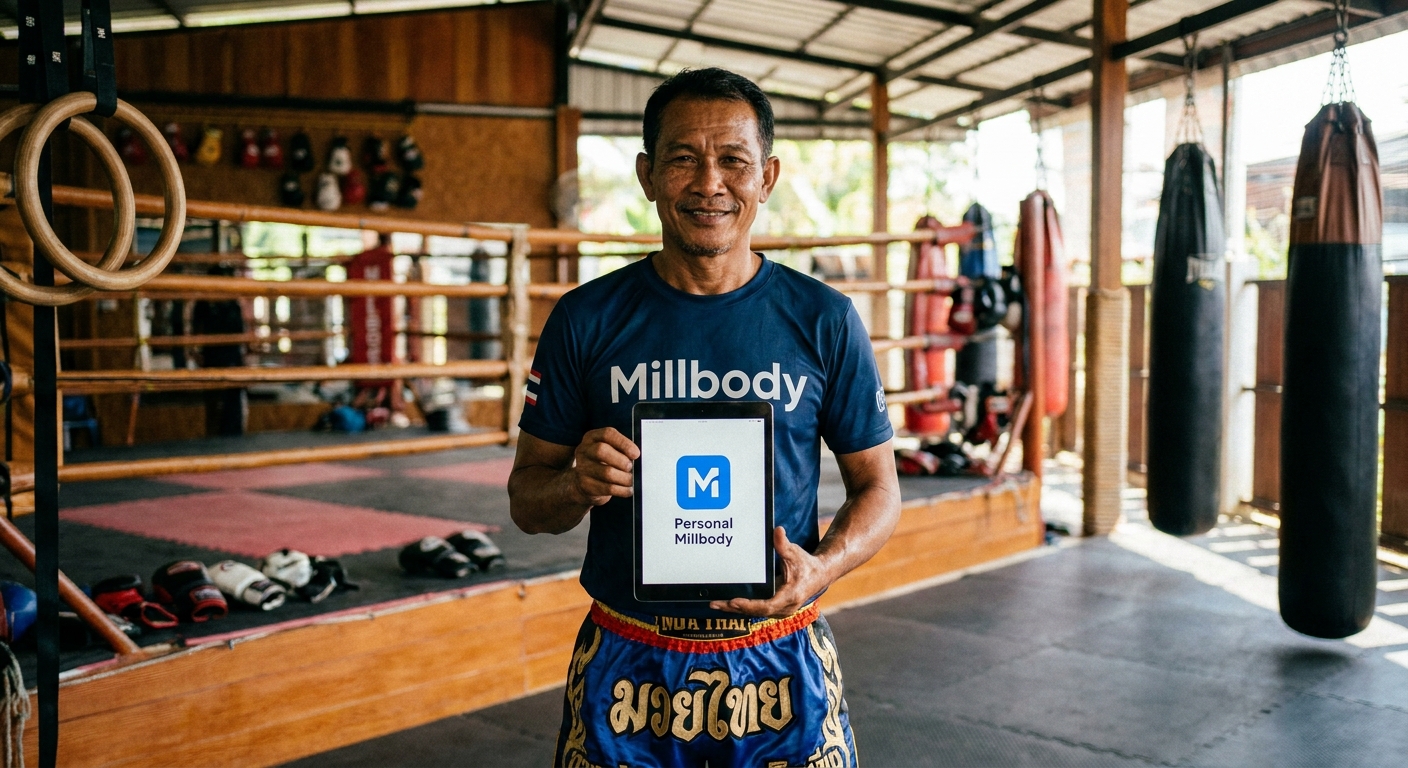 Instrutor de muay thai com app Personal Millbody Instrutor de muay thai usando o app Personal Millbody no tablet dentro do tatame