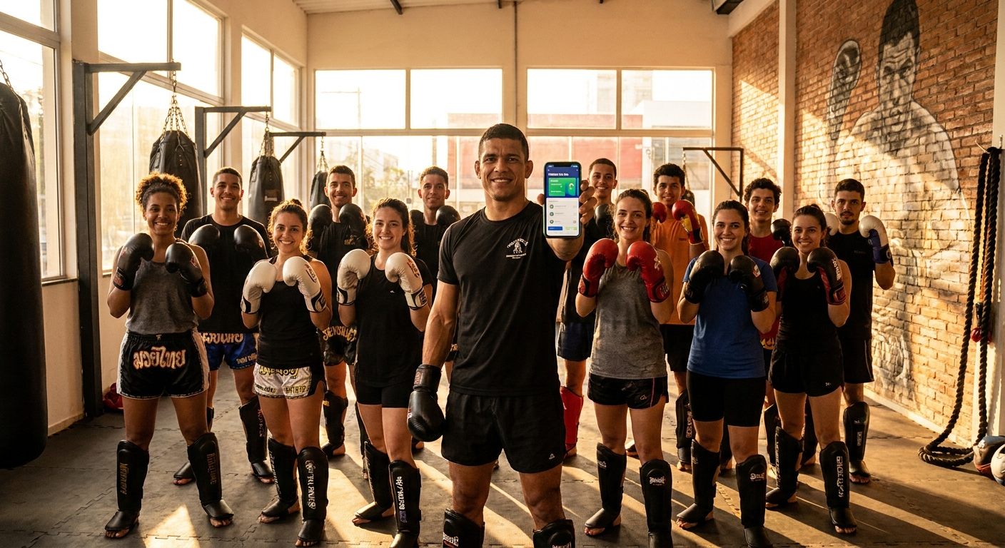 Instrutor de Muay Thai satisfeito utilizando seu aplicativo com os alunos