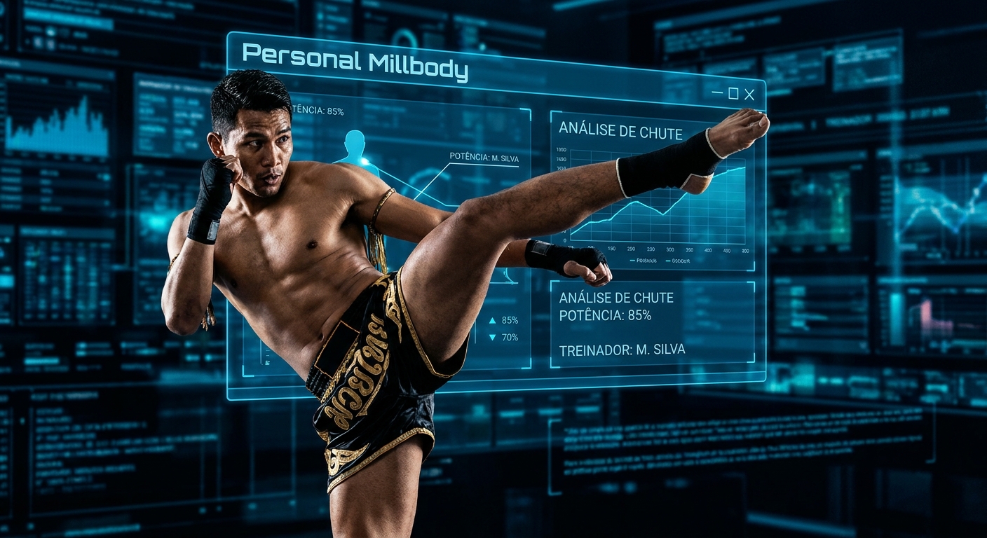 Instrutor de Muay Thai usando o Personal Millbody para aulas na TV