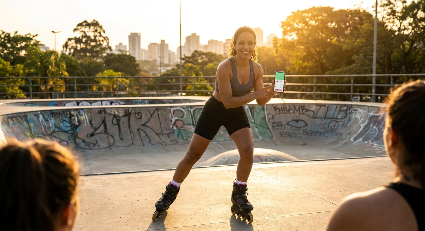 Instrutor de patinação usando o app Personal Millbody para gerenciar aulas e atrair mais alunos