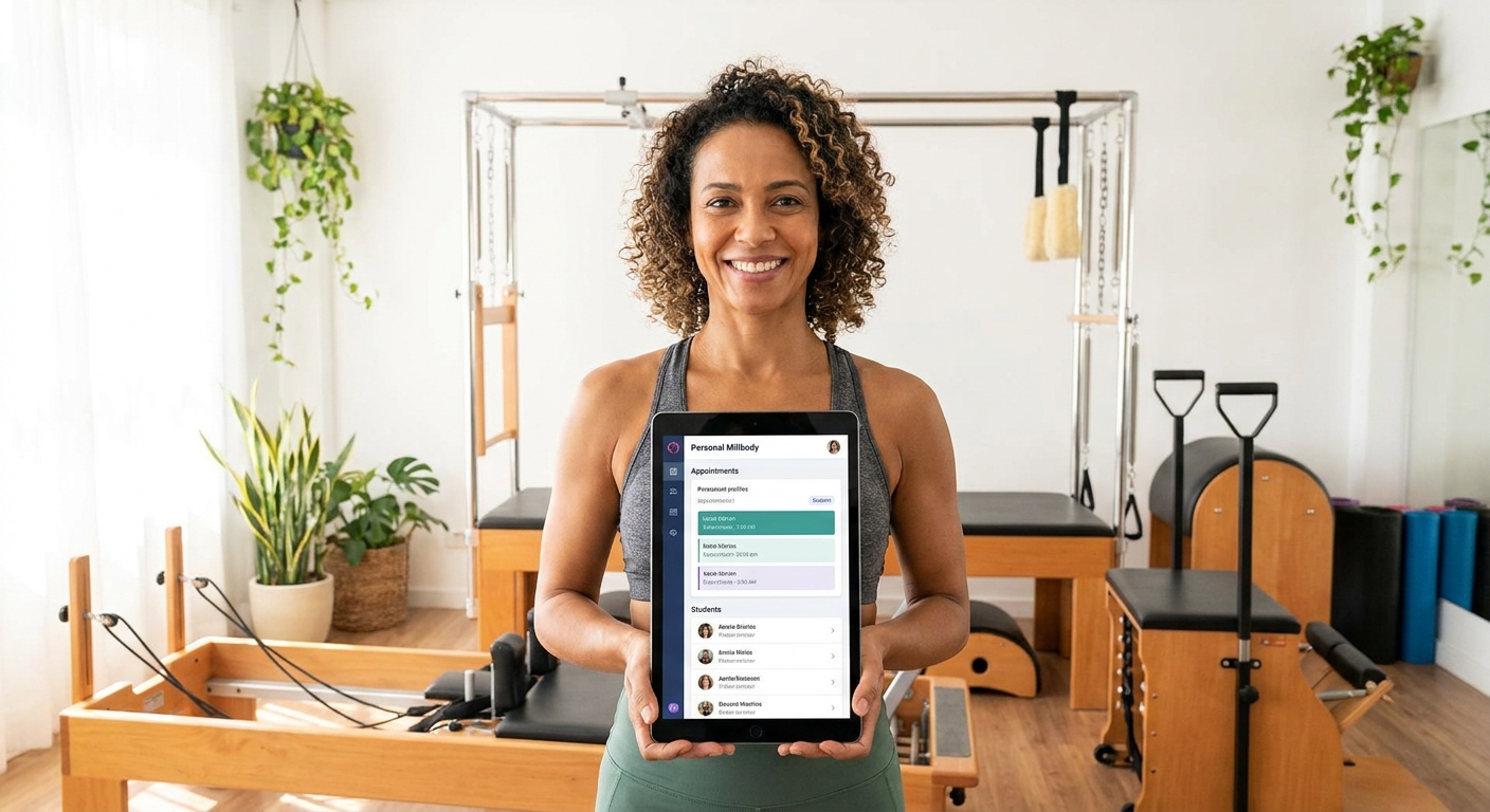 Instrutor de Pilates utilizando o aplicativo Personal Millbody para gerenciar sua agenda e alunos