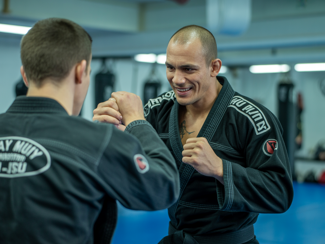 Instrutor de artes marciais aplicando técnicas para o crescimento profissional de seu aluno