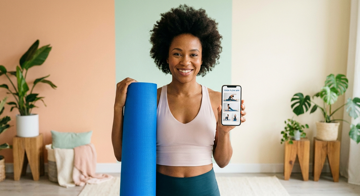 instrutora de alongamento usando app Millbody Personal para yoga e flexibilidade