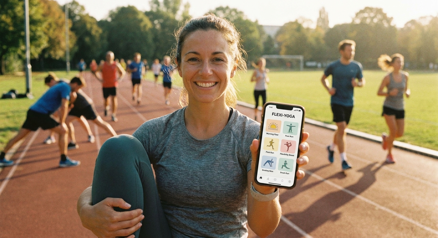 Instrutora de alongamento usando o app Personal Millbody para enviar rotinas para corredores