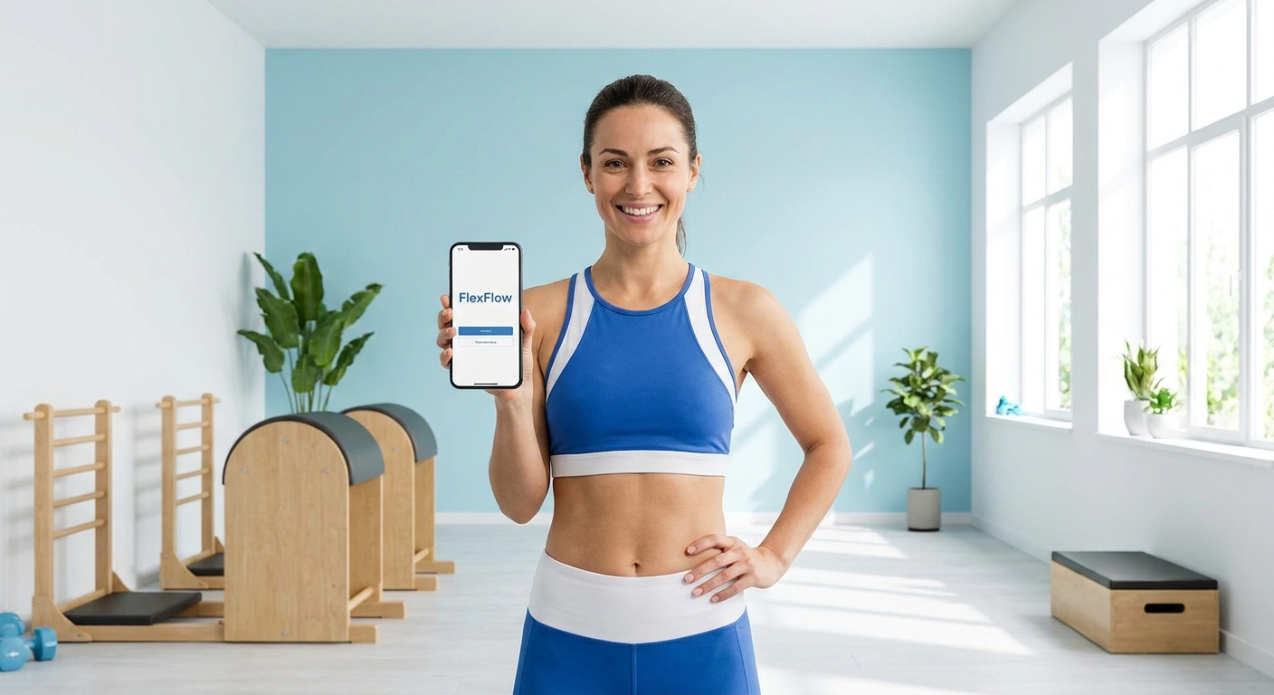Instrutora de alongamento usando o app Millbody