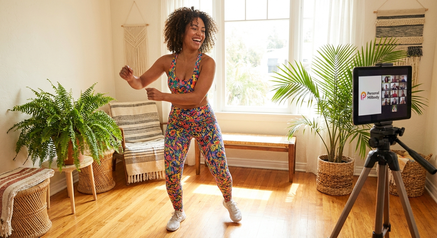 Instrutora de treino em casa usando a plataforma Personal Millbody Instrutora de dança dando aula em casa com o app Personal Millbody