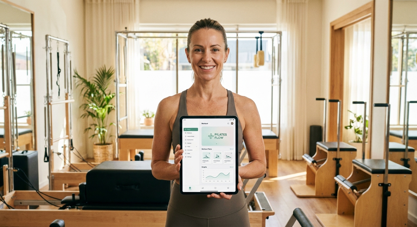 Instrutora de Pilates sorrindo utilizando o aplicativo Personal Millbody em seu tablet