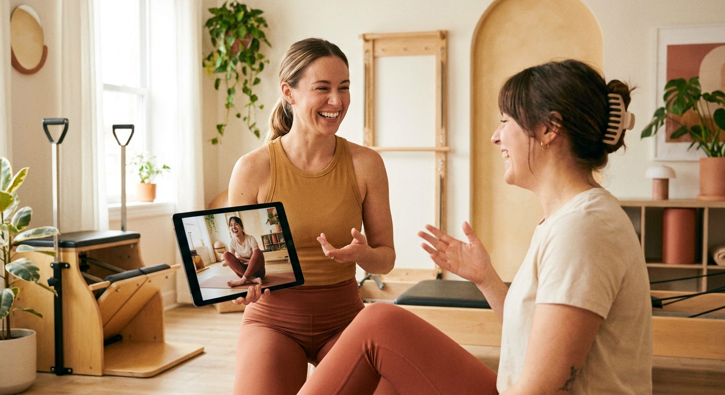 Instrutora de Pilates utilizando plataforma Millbody para acompanhamento de alunos