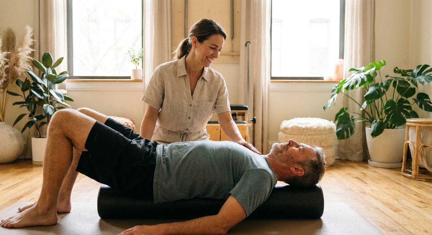 Instrutora de Pilates e aluno praticando respiração no Pilates Instrutora de Pilates acompanhando exercício de respiração com aluno pós-Covid em ambiente acolhedor