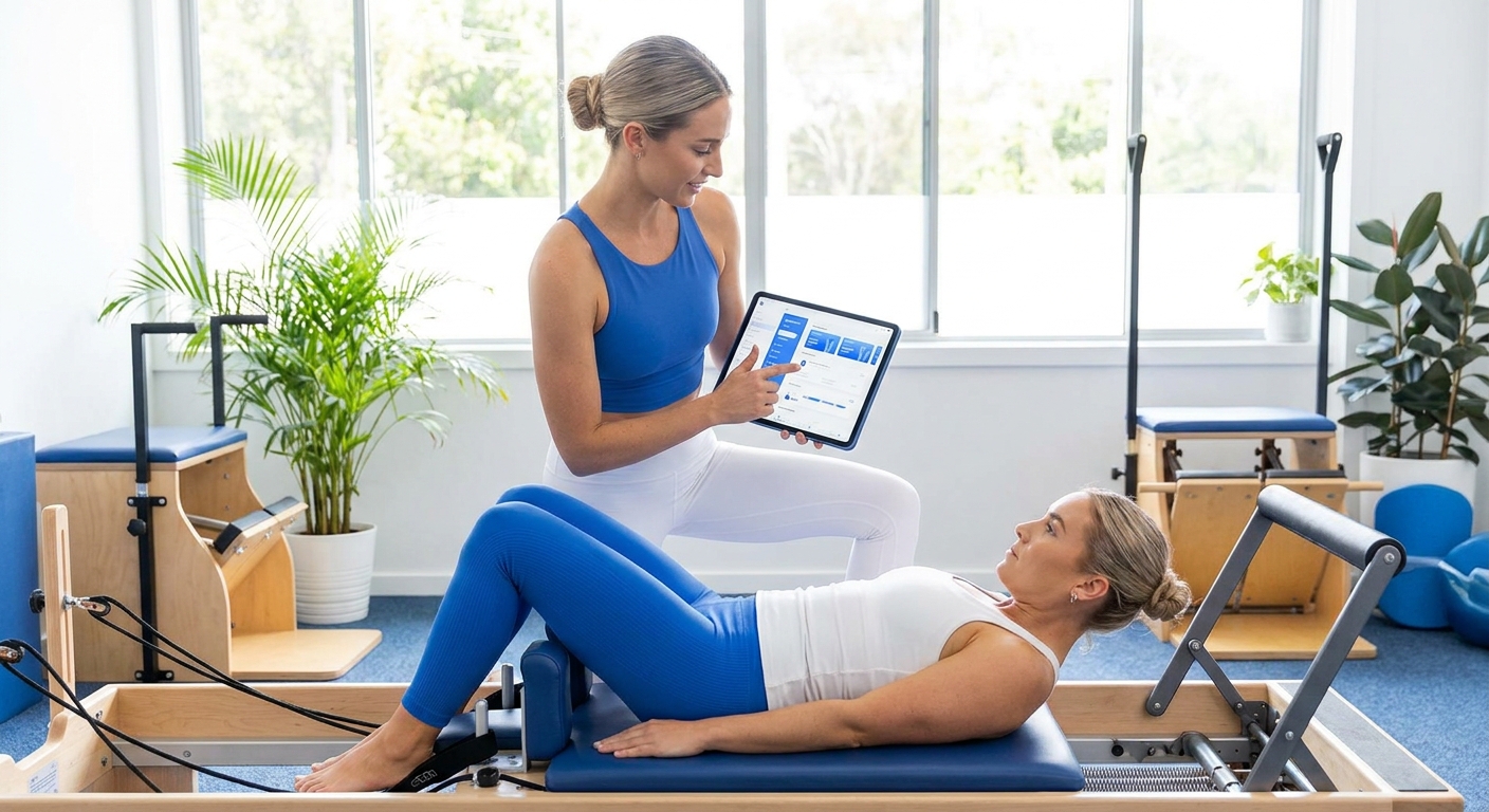 Professora de Pilates utilizando tablet com app personalizado da Personal Millbody para criar sequências de mobilidade e postura.