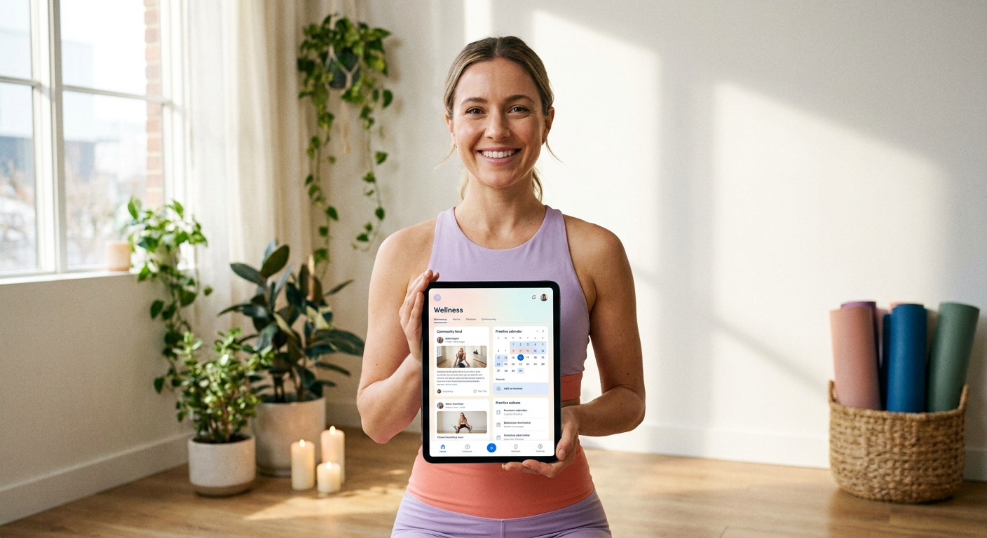 Instrutora de yoga online usando aplicativo personalizado Millbody com comunidade e calendário de práticas