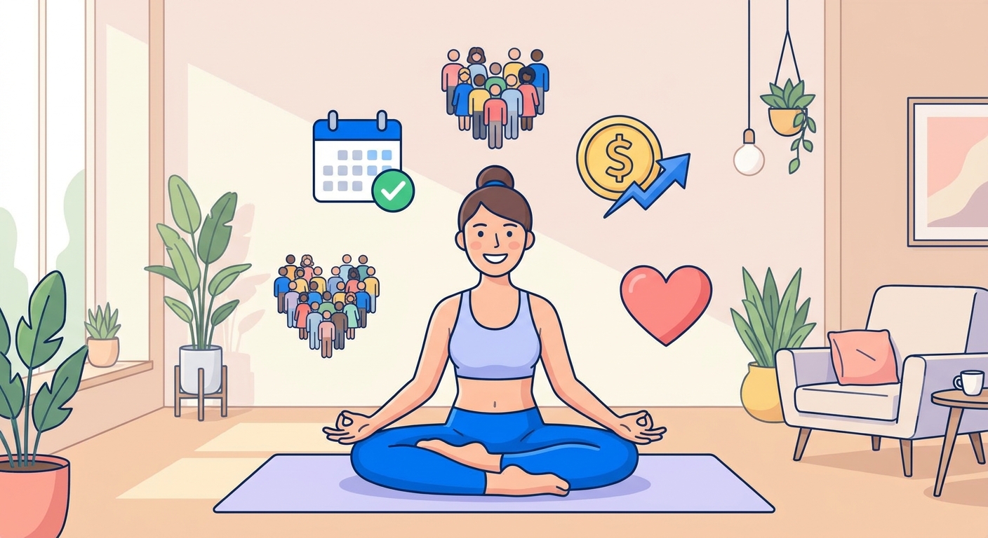 Instrutora de yoga utilizando aplicativo Millbody com calendário, comunidade e cobrança integrados