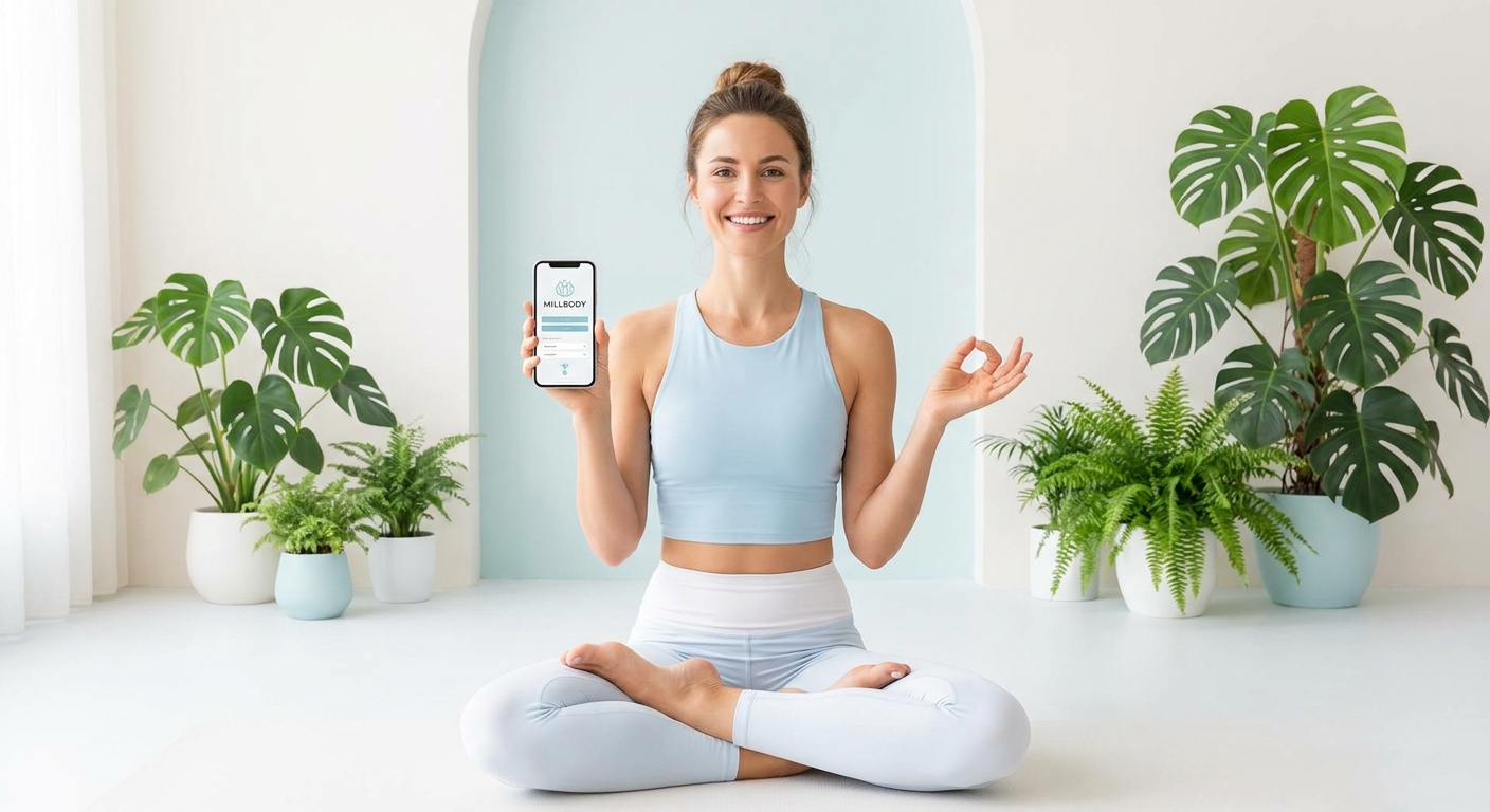 App para instrutor de yoga | Personal Millbody Instrutora de yoga segurando celular com app personalizado da Personal Millbody