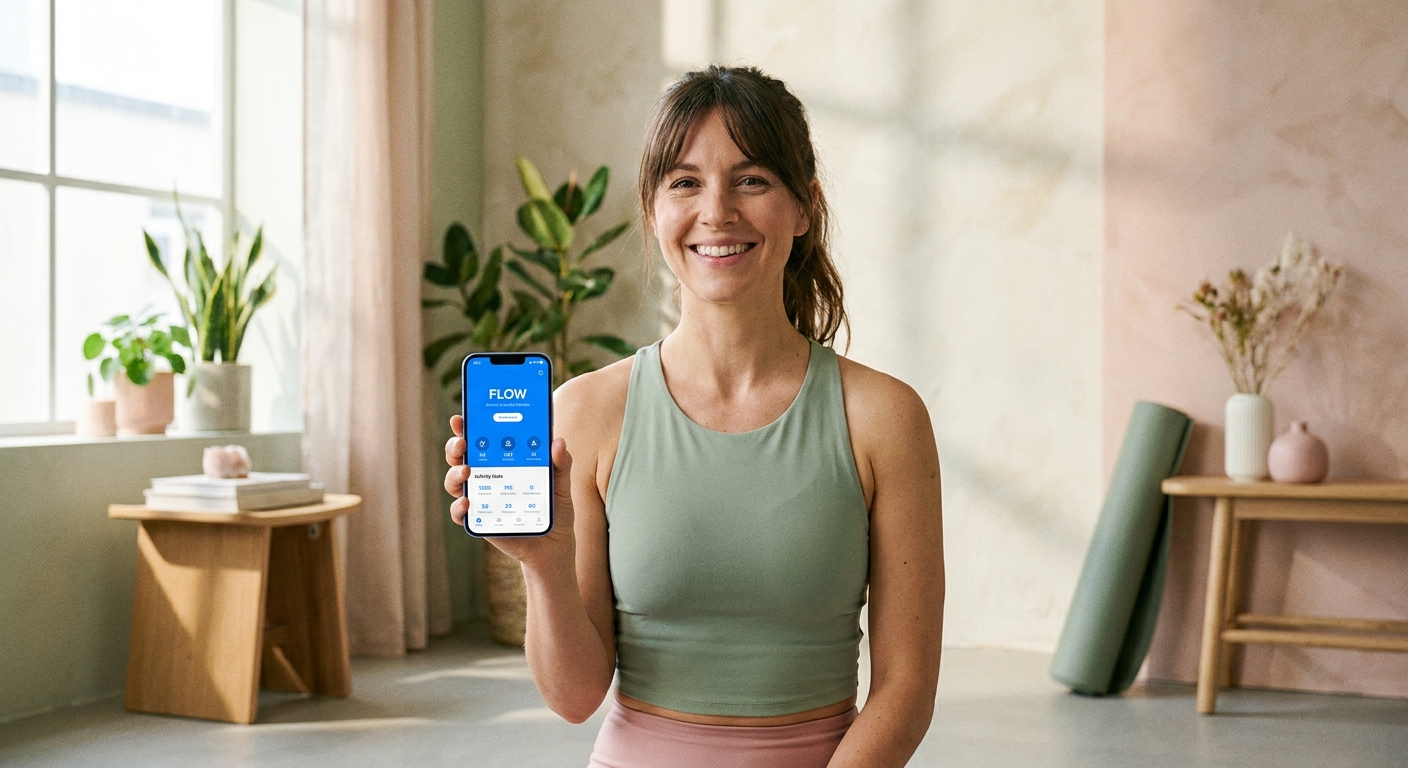 Instrutora de yoga sorrindo enquanto usa seu aplicativo personalizado Personal Millbody em um tablet, demonstrando autonomia e tecnologia.
