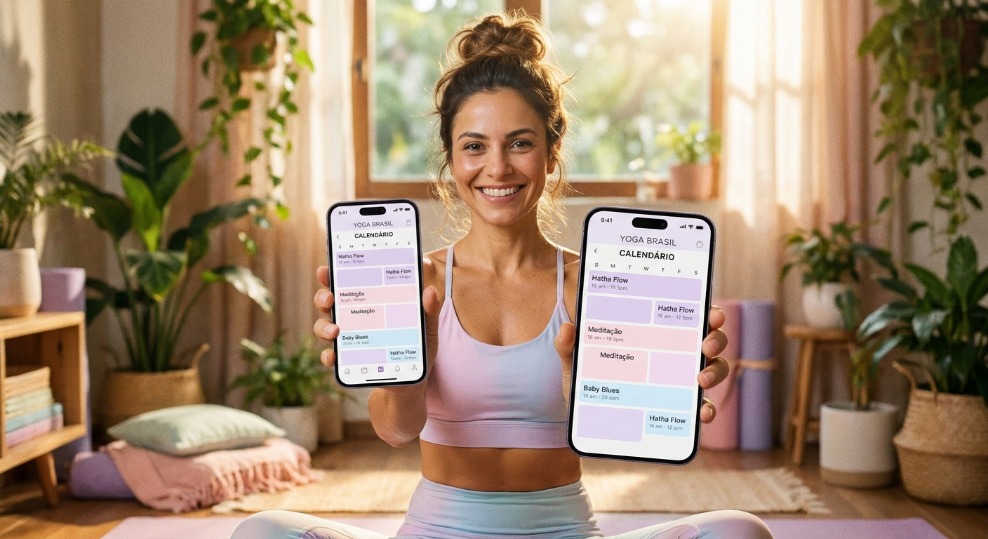 Instrutora de yoga usando um aplicativo personalizado para organizar aulas online