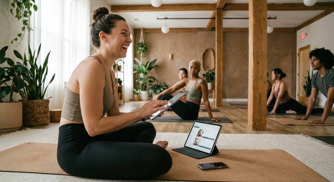 Instrutora de Yoga usando app em estúdio acolhedor
