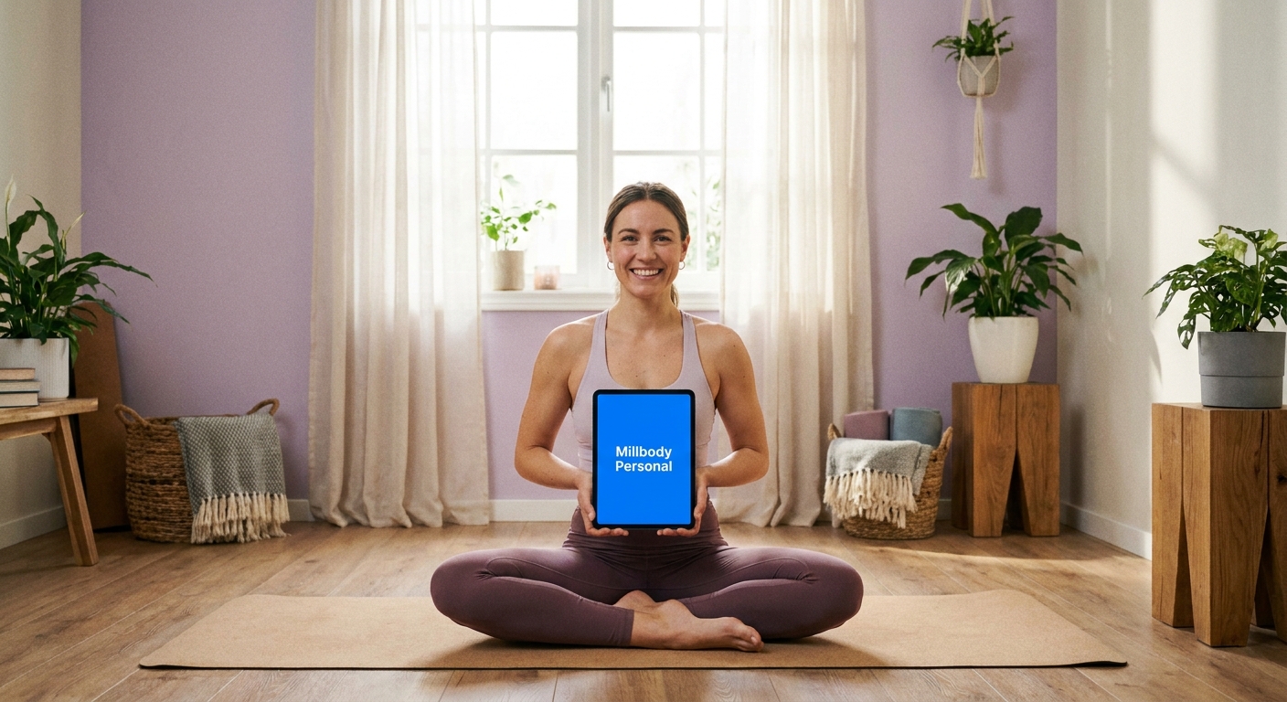 Instrutora de yoga online segurando tablet com aplicativo Millbody Personal - Wikipedia do Personal Trainer para yoga online